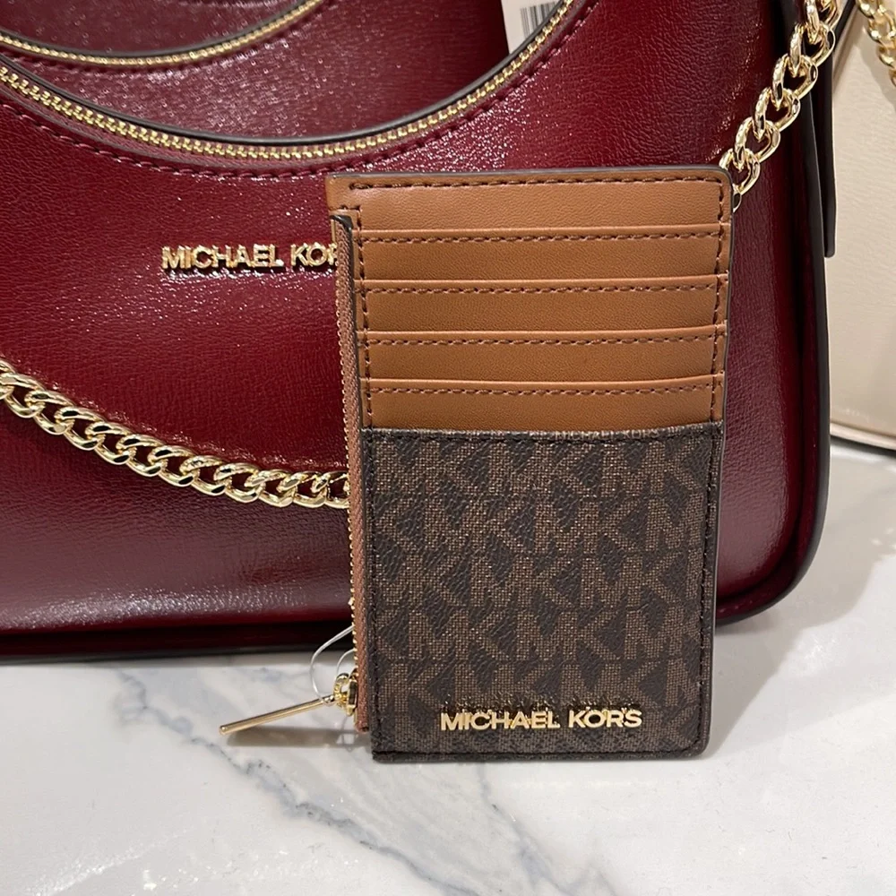 Michael Kors Jet Set Travel Medium Top Zip Card Case Wallet PVC Leathr Brown NWT